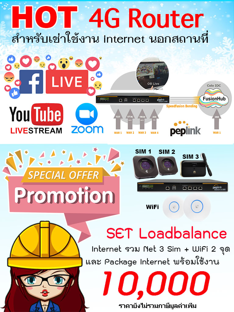 Set  8  เพิ่มความสเถียร Router Internet Loadbalance  รวม Internet 3  Sim 4G   พร้อม WiFi  2 ตัว สำหรับรองรับ 5-50 ผู้ใช้งานพร้อมกัน แบรนด์ Peplink